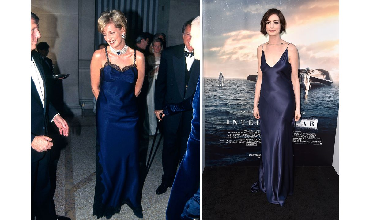 Princesa Diana y Anne Hathaway: azul marino y seda