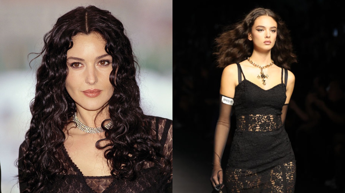  Monica Bellucci en Cannes 2000; Deva Cassel en la pasarela para Dolce & Gabbana 2023 (getty)